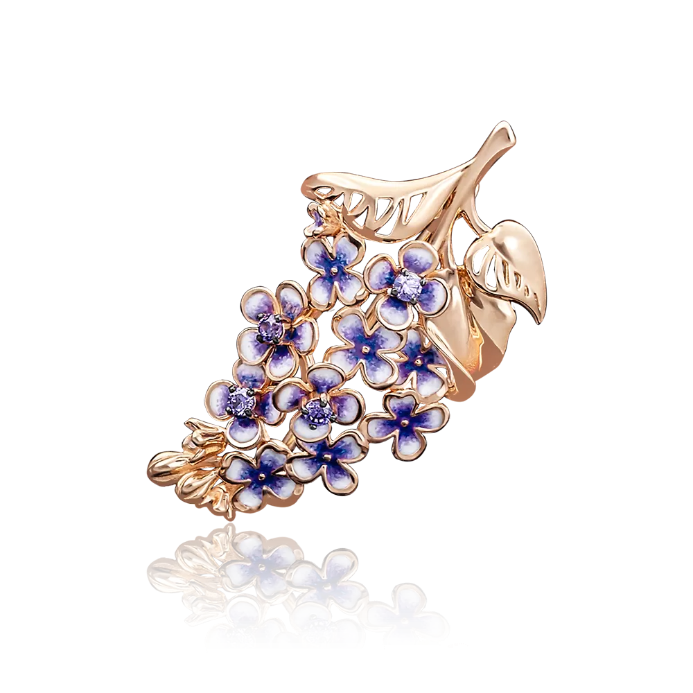 Брошь «Сирень» из красного золота с фианитами и эмалью 04-0163-00-404-1110-48