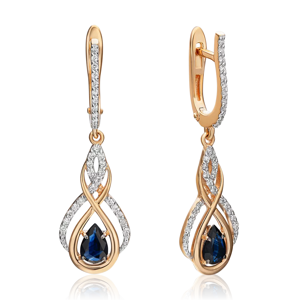 Серьги с английским замком из красного золота с сапфиром и бриллиантами 02-0915-00-105-1110-30