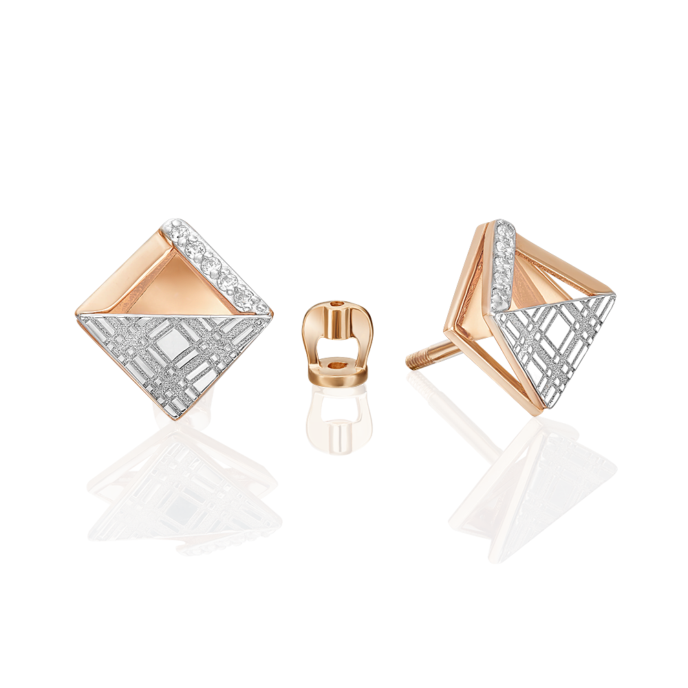 Серьги с принтом «Клетка» из комбинированного золота с фианитами 02-5188-00-401-1111