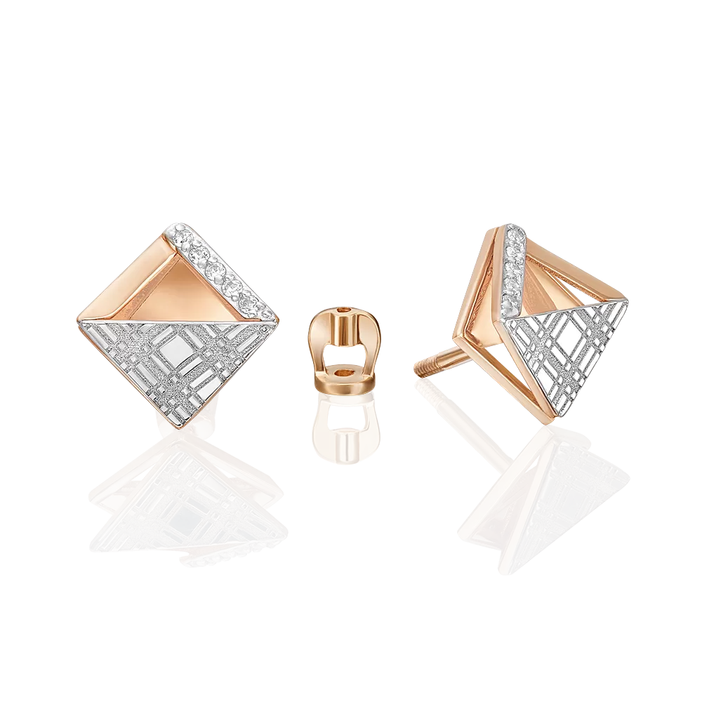 Серьги с принтом «Клетка» из комбинированного золота с фианитами 02-5188-00-401-1111