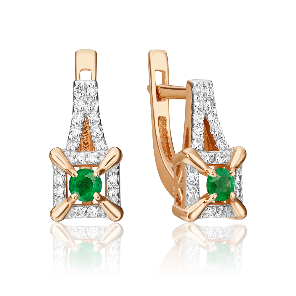Серьги с английским замком из красного золота с изумрудом и бриллиантами 02-0942-00-106-1110-30