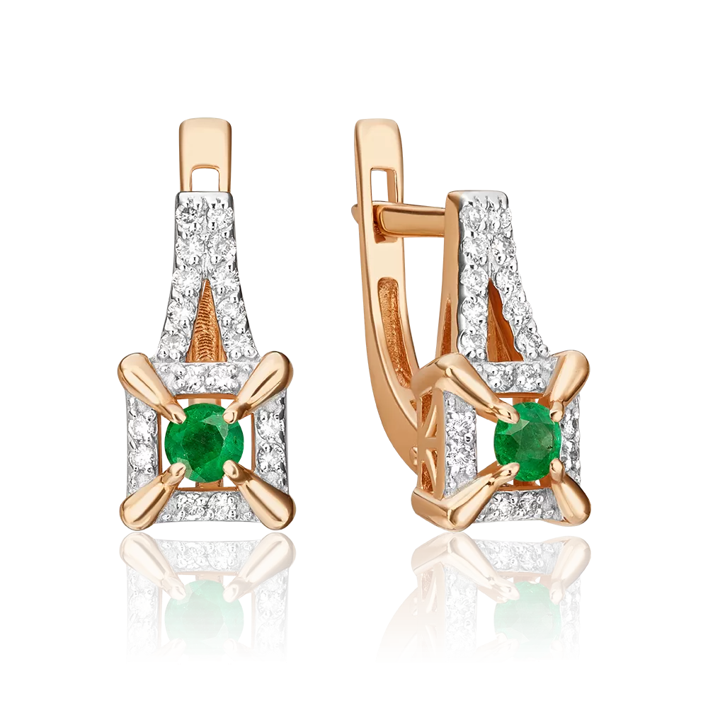 Серьги с английским замком из красного золота с изумрудом и бриллиантами 02-0942-00-106-1110-30