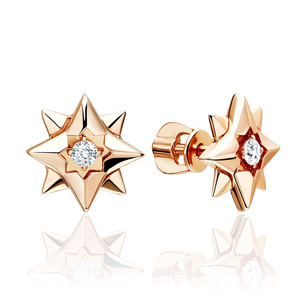 Серьги-пусеты «Розы ветров» из красного золота с фианитом 02-5560-00-401-1110