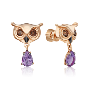 Серьги-пусеты «Мудрость жизни» из красного золота с аметистом и кварцем дымчатым 02-4876-00-716-1110