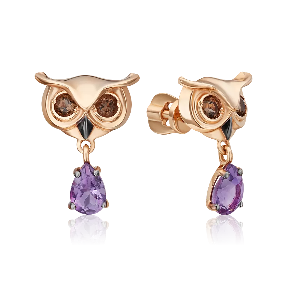 Серьги-пусеты «Мудрость жизни» из красного золота с аметистом и кварцем дымчатым 02-4876-00-716-1110