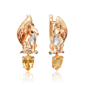 Серьги «Белки» с английским замком из красного золота с цитрином и эмалью 02-5299-00-206-1110