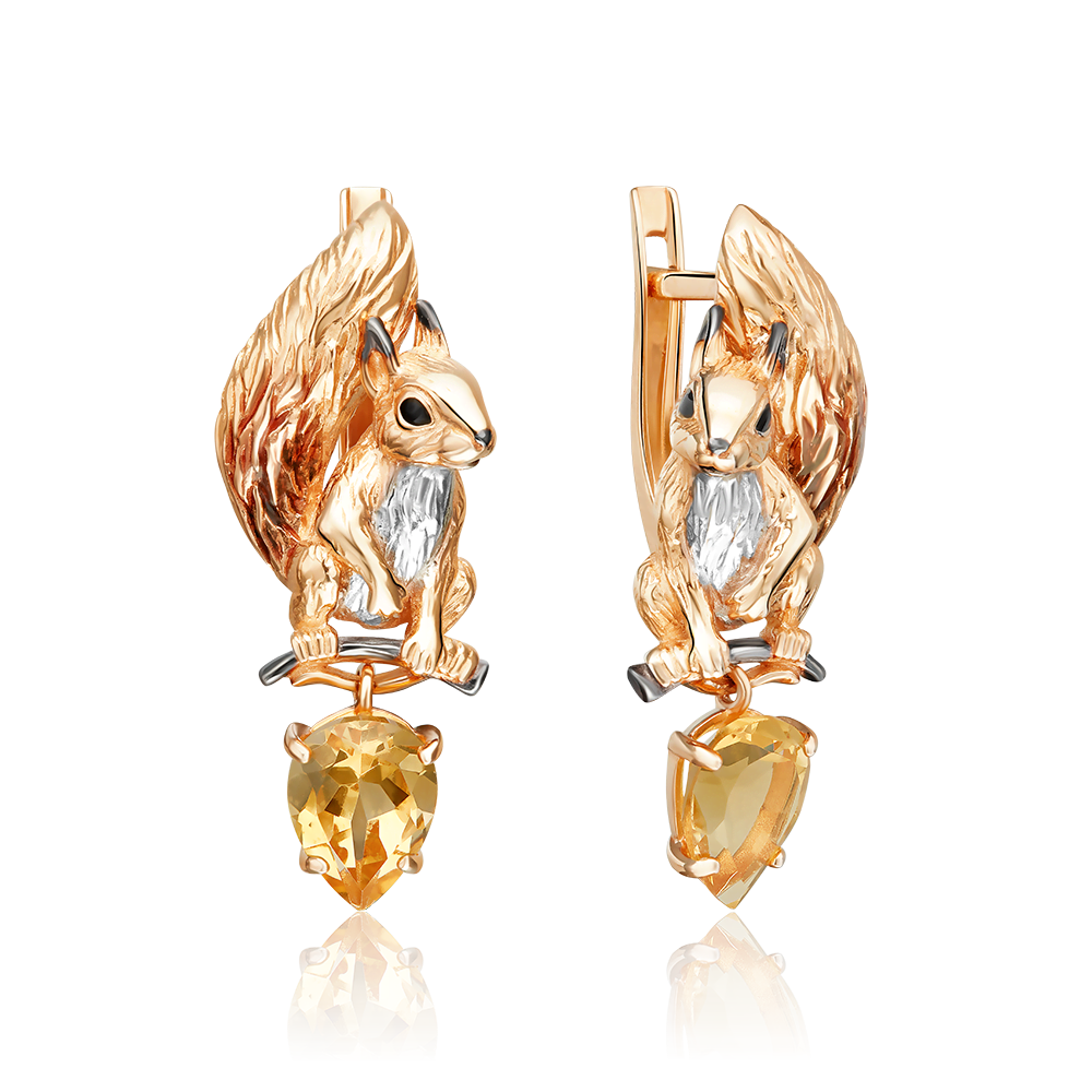 Серьги «Белки» с английским замком из красного золота с цитрином и эмалью 02-5299-00-206-1110