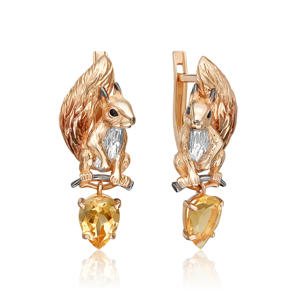 Серьги «Белки» с английским замком из красного золота с цитрином и эмалью 02-5299-00-206-1110