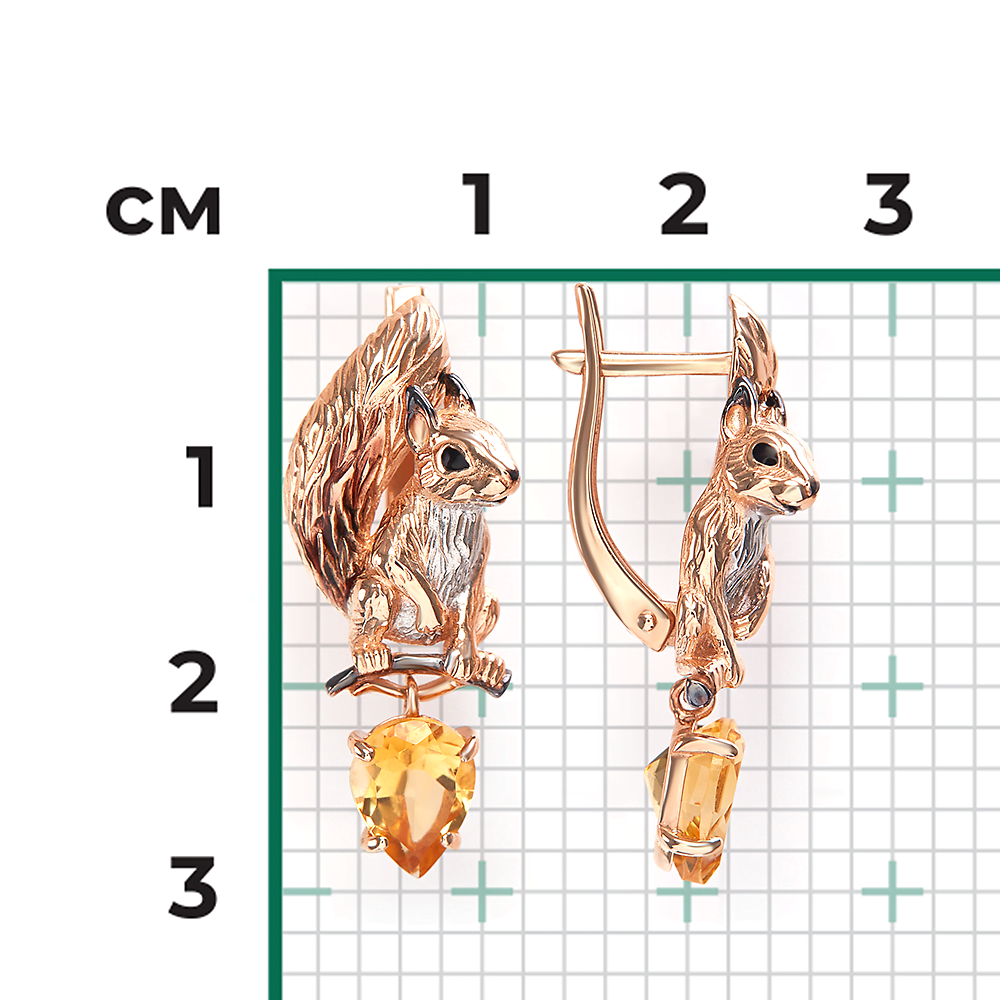 Серьги «Белки» с английским замком из красного золота с цитрином и эмалью 02-5299-00-206-1110