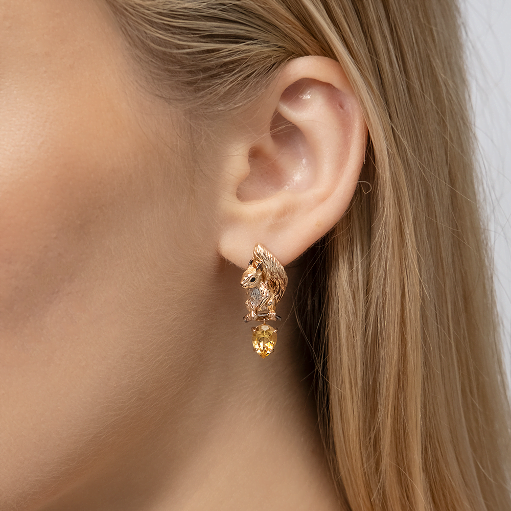 Серьги «Белки» с английским замком из красного золота с цитрином и эмалью 02-5299-00-206-1110