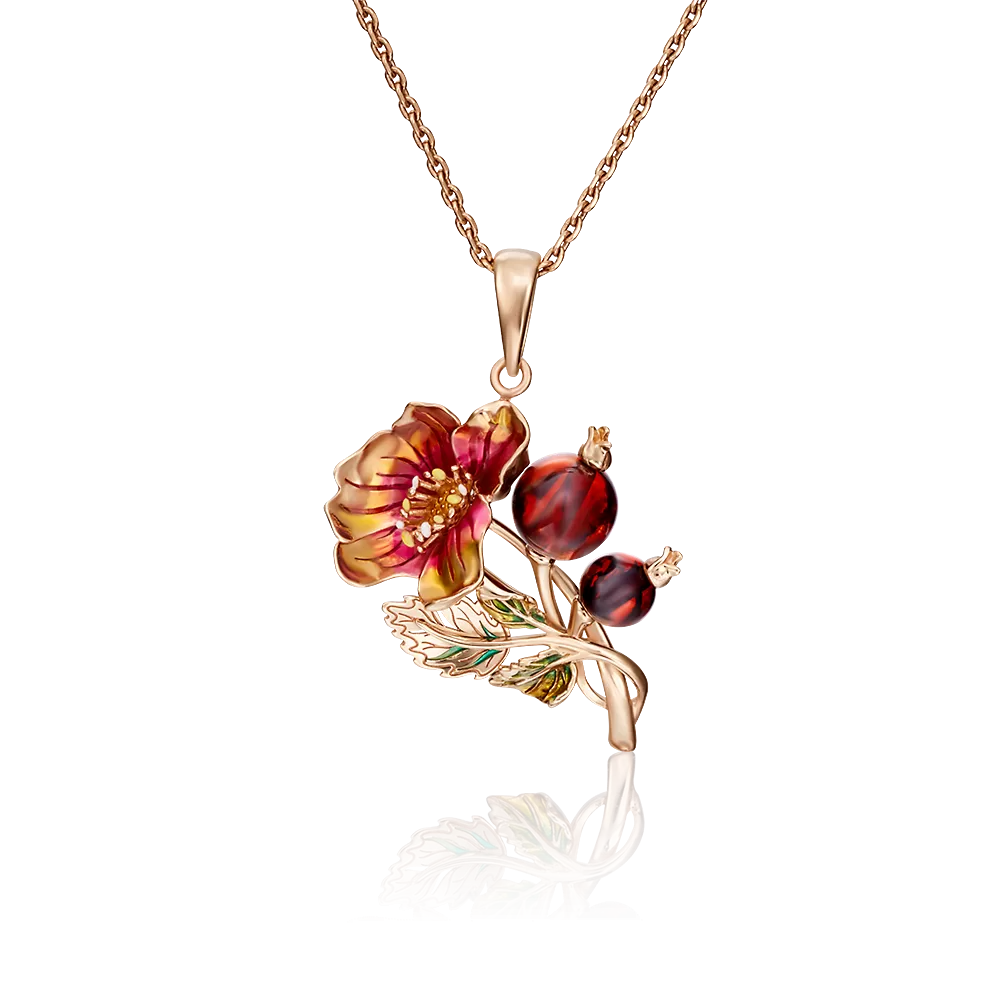 Подвеска «Шиповник» из красного золота с янтарём и эмалью 03-2889-00-271-1110-46