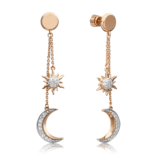 Серьги-пусеты «Луна и Солнце» из красного золота с фианитами 02-4460-00-401-1110-42