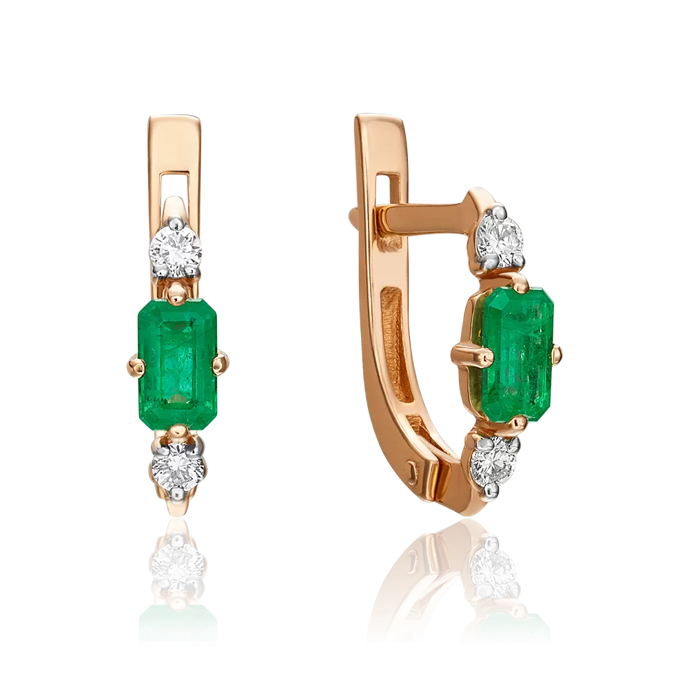 Серьги с английским замком из красного золота с изумрудом и бриллиантами 02-0894-00-106-1110-30