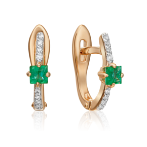 Серьги с английским замком из красного золота с изумрудом и бриллиантами