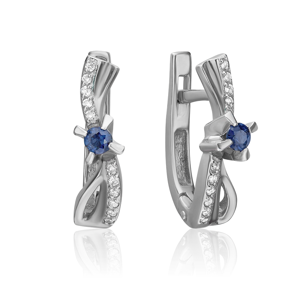 Серьги с английским замком из белого золота с сапфиром и бриллиантами 02-0030-00-105-1120-30