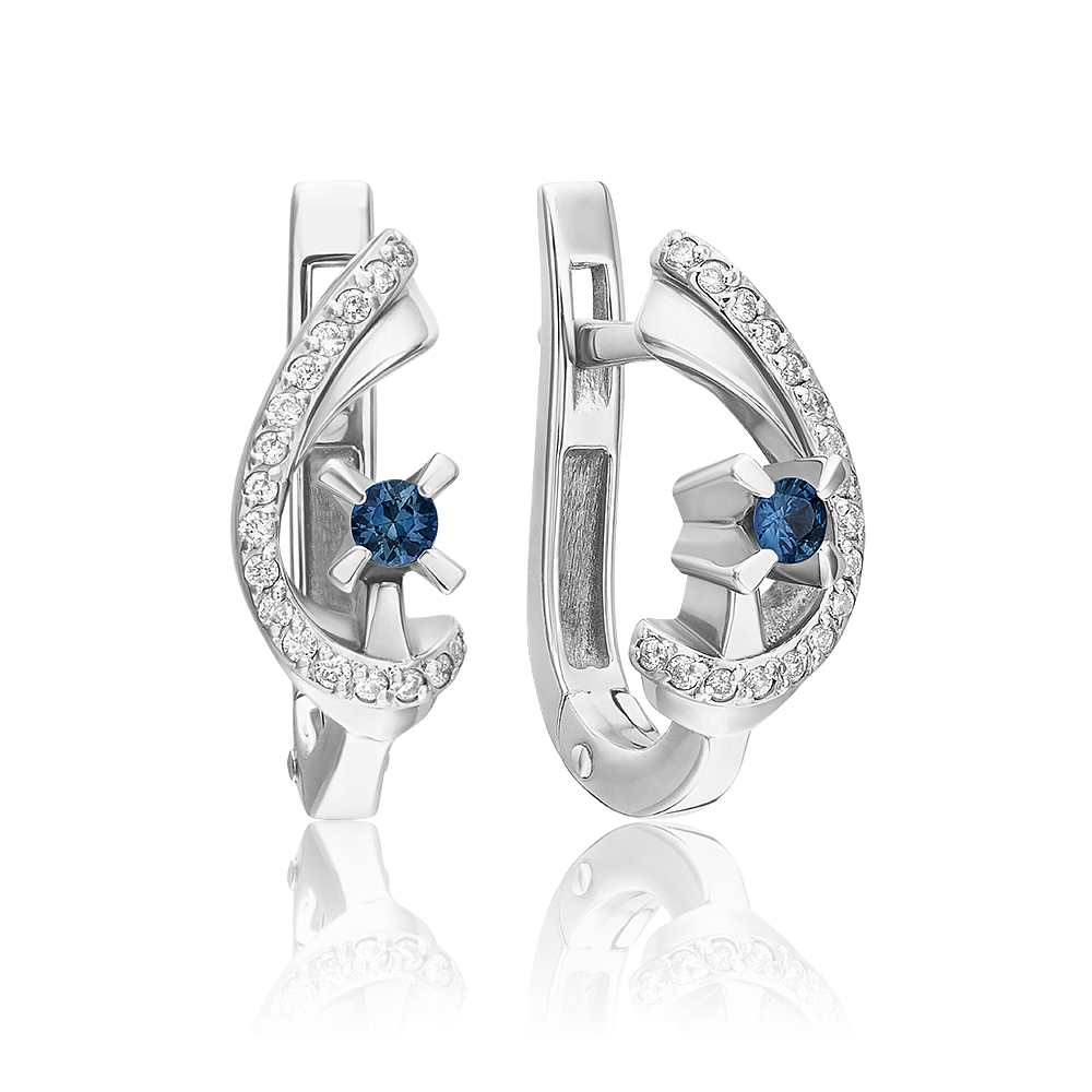 Серьги с английским замком из белого золота с сапфиром и бриллиантами 02-0032-00-105-1120-30