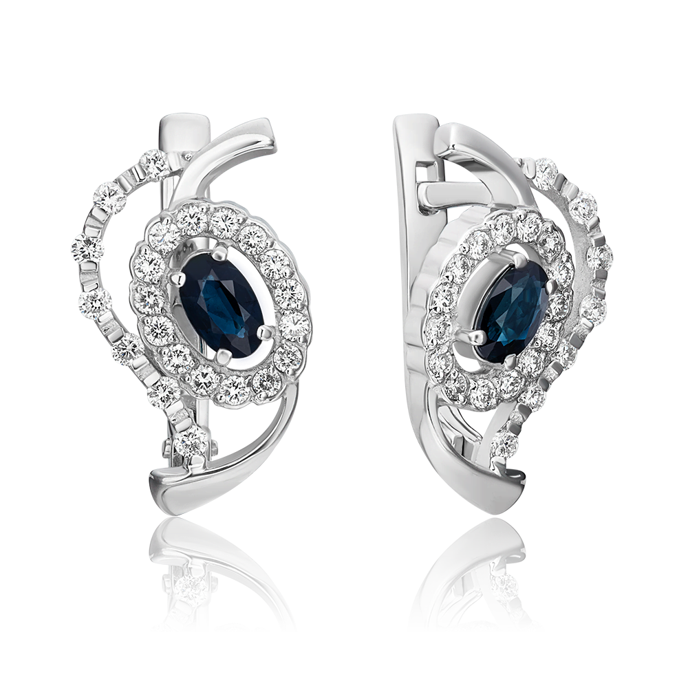 Серьги с английским замком из белого золота с сапфиром и бриллиантами 02-0084-00-105-1120-30