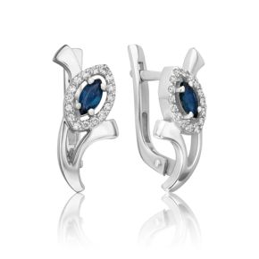Серьги с английским замком из белого золота с сапфиром и бриллиантами