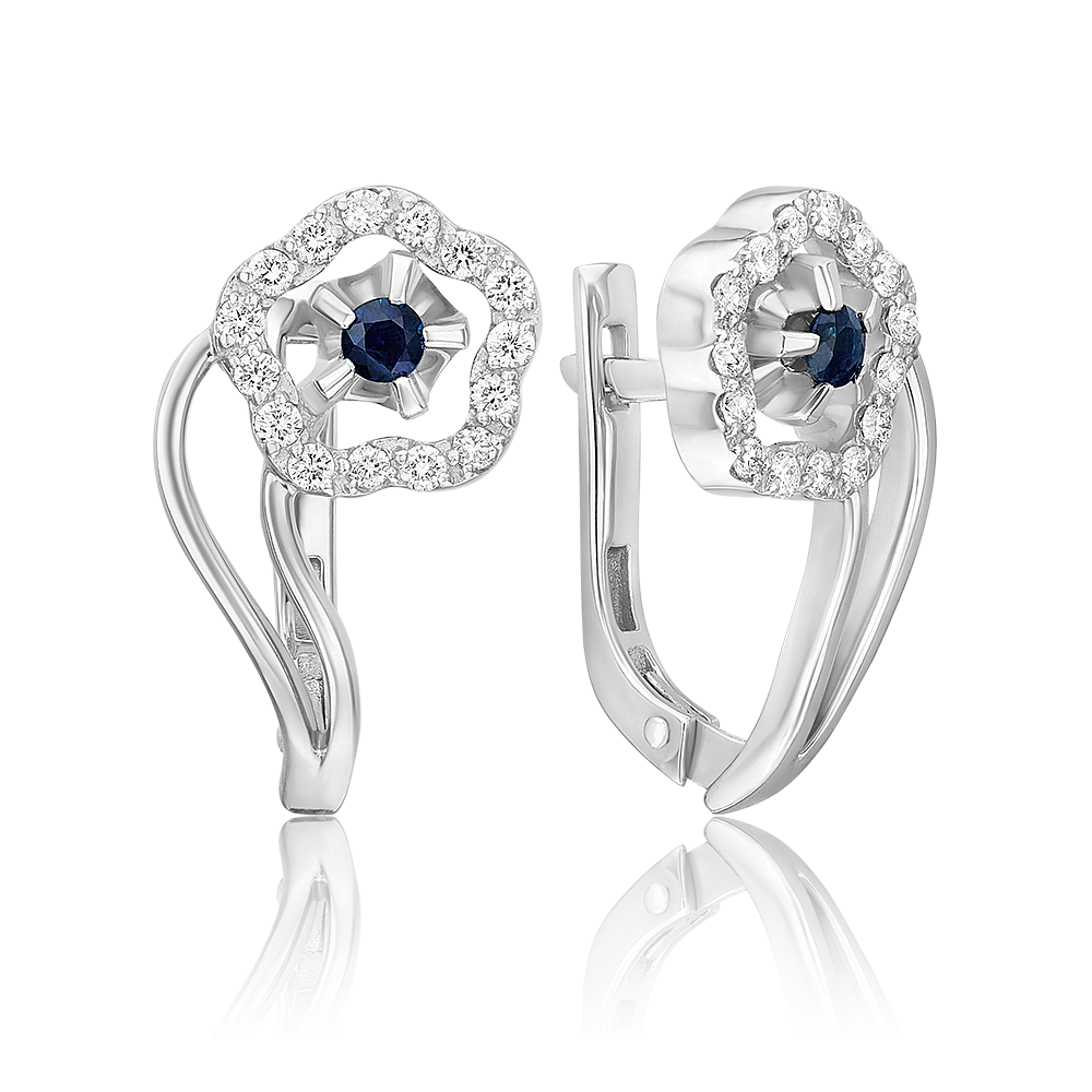 Серьги с английским замком из белого золота с сапфиром и бриллиантами 02-0090-00-105-1120-30
