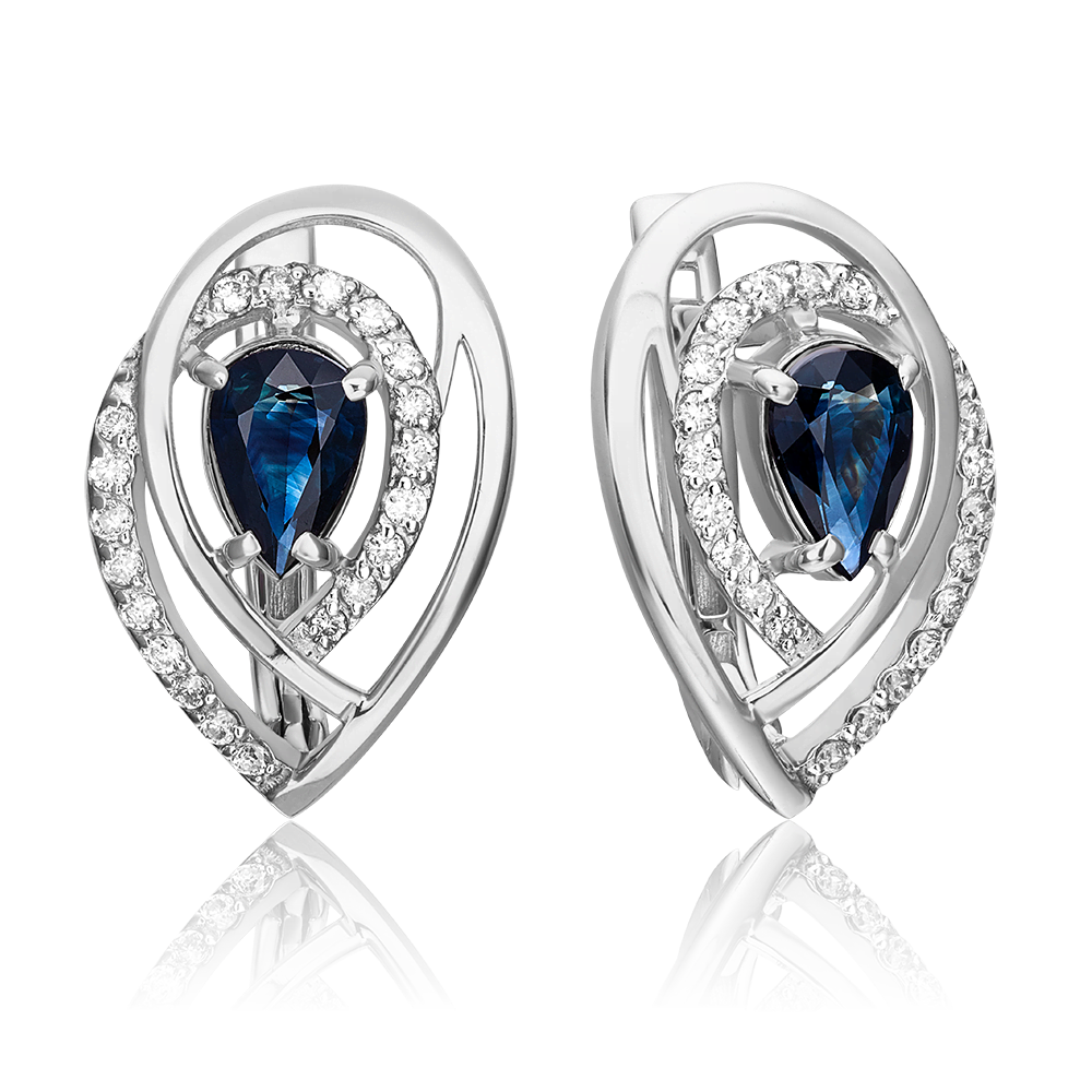 Серьги с английским замком из белого золота с сапфиром и бриллиантами 02-0101-00-105-1120-30