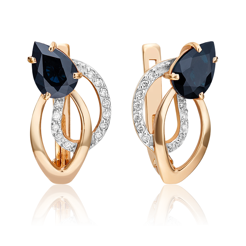 Серьги с английским замком из красного золота с сапфиром и бриллиантами 02-0152-00-105-1110-30