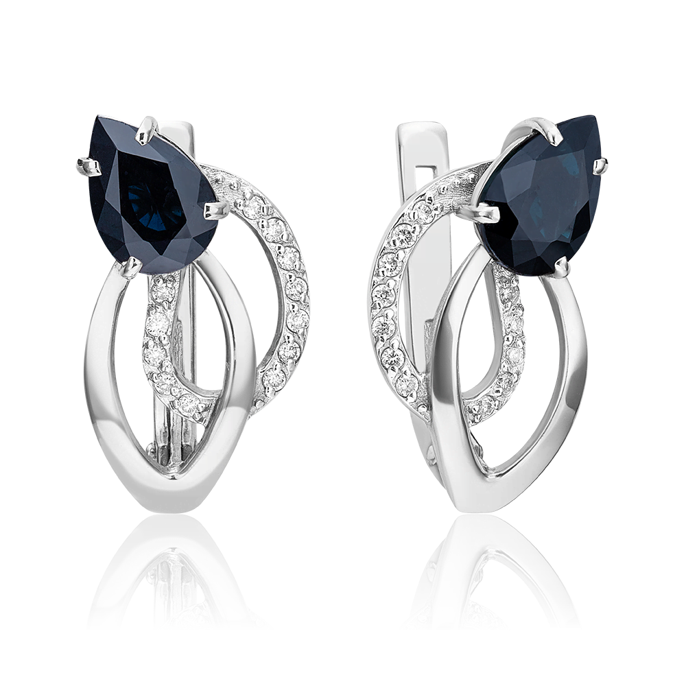 Серьги с английским замком из белого золота с сапфиром и бриллиантами 02-0153-00-105-1120-30