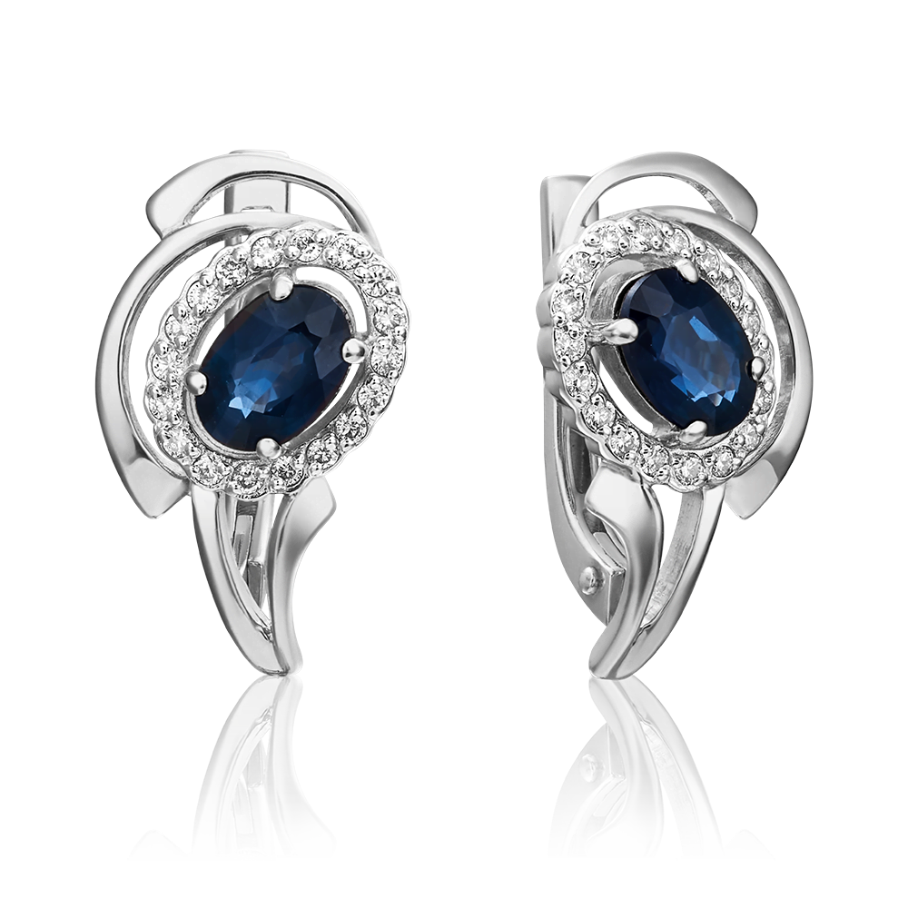 Серьги с английским замком из белого золота с сапфиром и бриллиантами 02-0157-00-105-1120-30