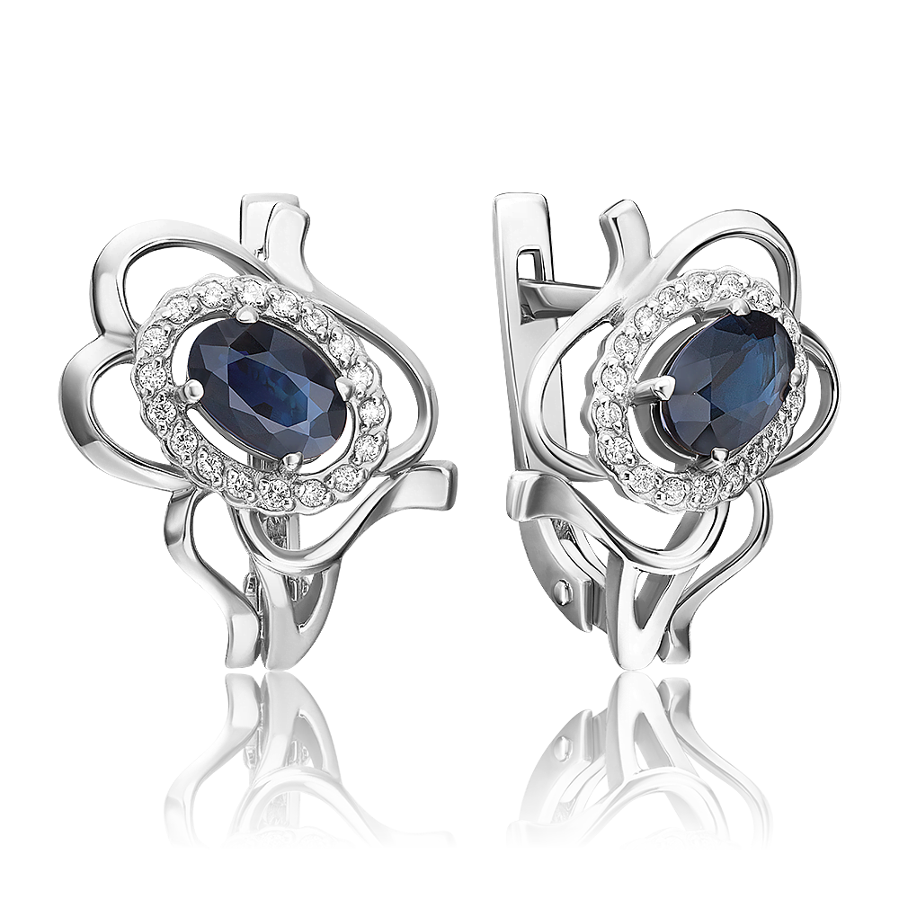 Серьги с английским замком из белого золота с сапфиром и бриллиантами 02-0161-00-105-1120-30