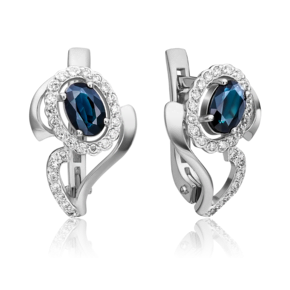 Серьги с английским замком из белого золота с сапфиром и бриллиантами