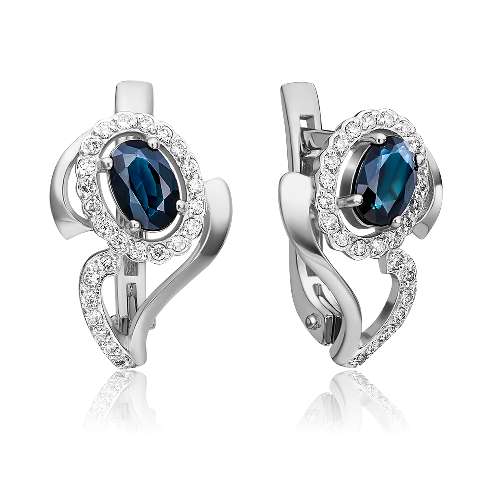 Серьги с английским замком из белого золота с сапфиром и бриллиантами 02-0166-00-105-1120-30