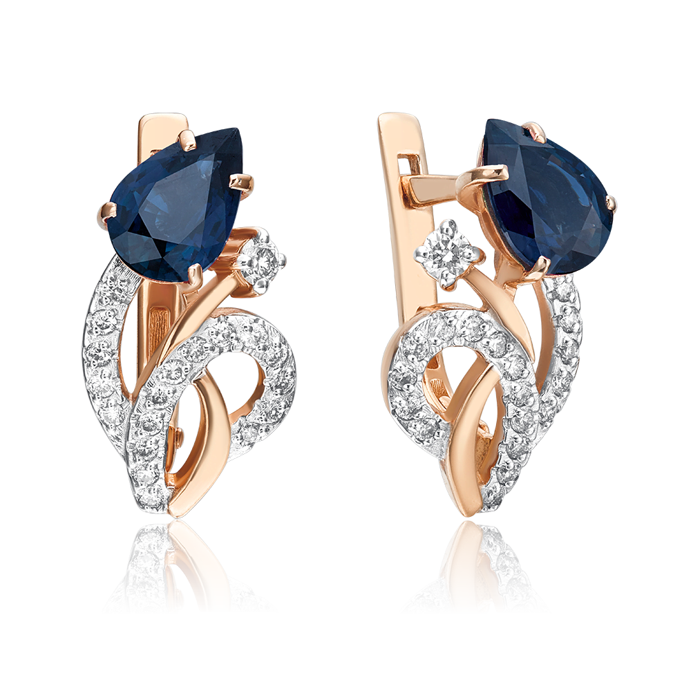 Серьги с английским замком из красного золота с сапфиром и бриллиантами 02-0167-00-105-1110-30