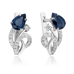 Серьги с английским замком из белого золота с сапфиром и бриллиантами