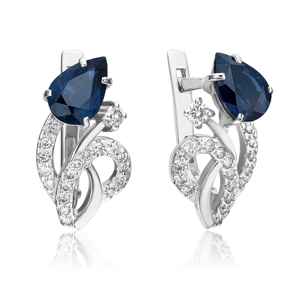 Серьги с английским замком из белого золота с сапфиром и бриллиантами 02-0168-00-105-1120-30