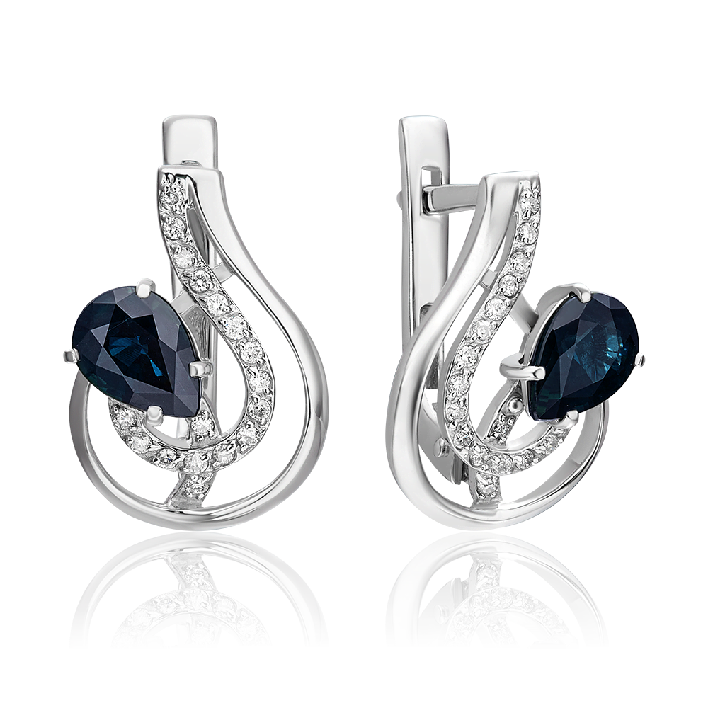 Серьги с английским замком из белого золота с сапфиром и бриллиантами 02-0170-00-105-1120-30