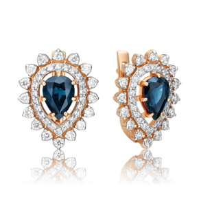 Серьги с английским замком из красного золота с сапфиром и бриллиантами