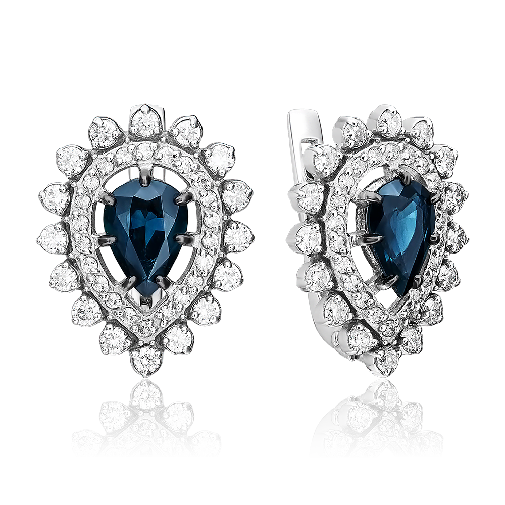 Серьги с английским замком из белого золота с сапфиром и бриллиантами 02-0172-00-105-1120-30
