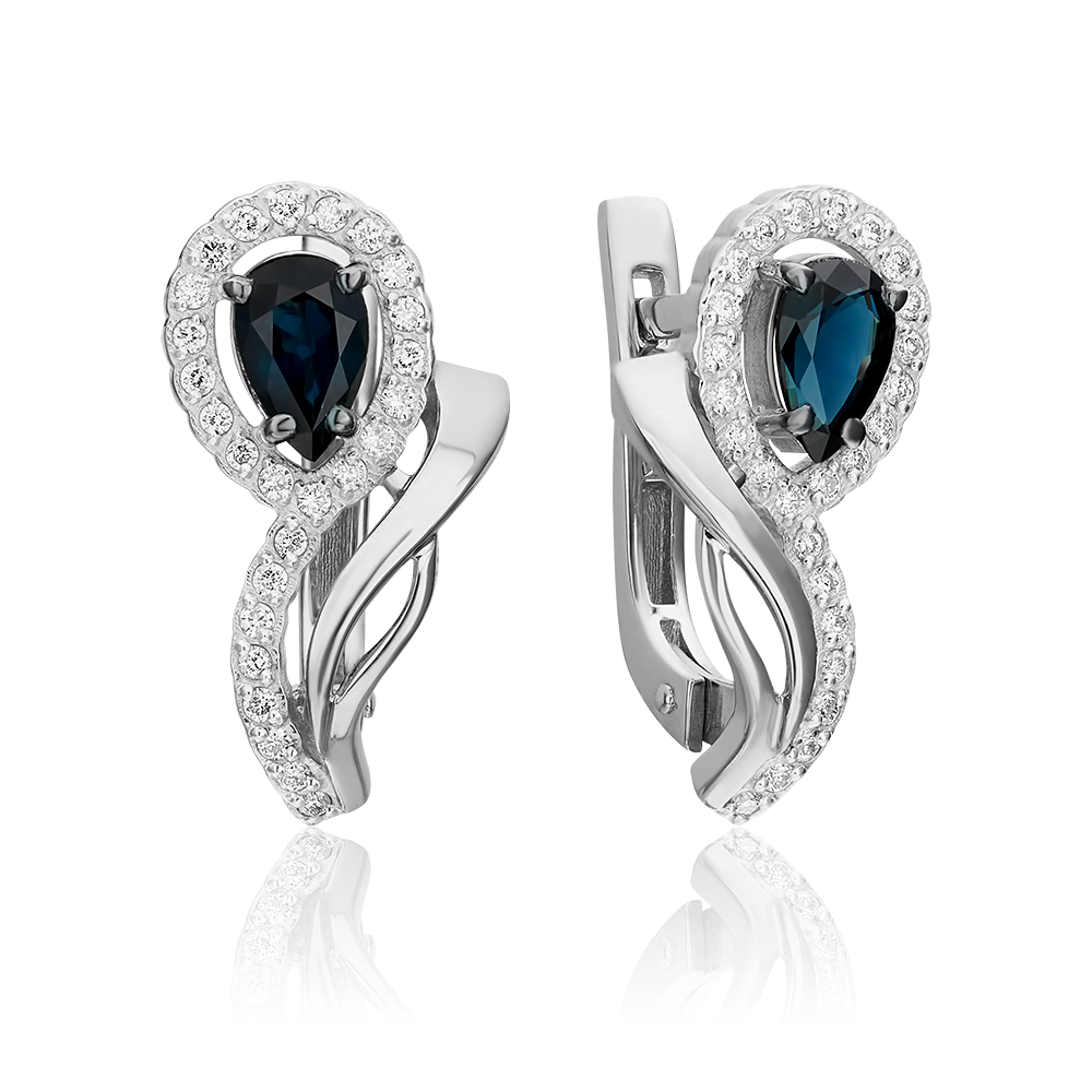 Серьги с английским замком из белого золота с сапфиром и бриллиантами 02-0174-00-105-1120-30