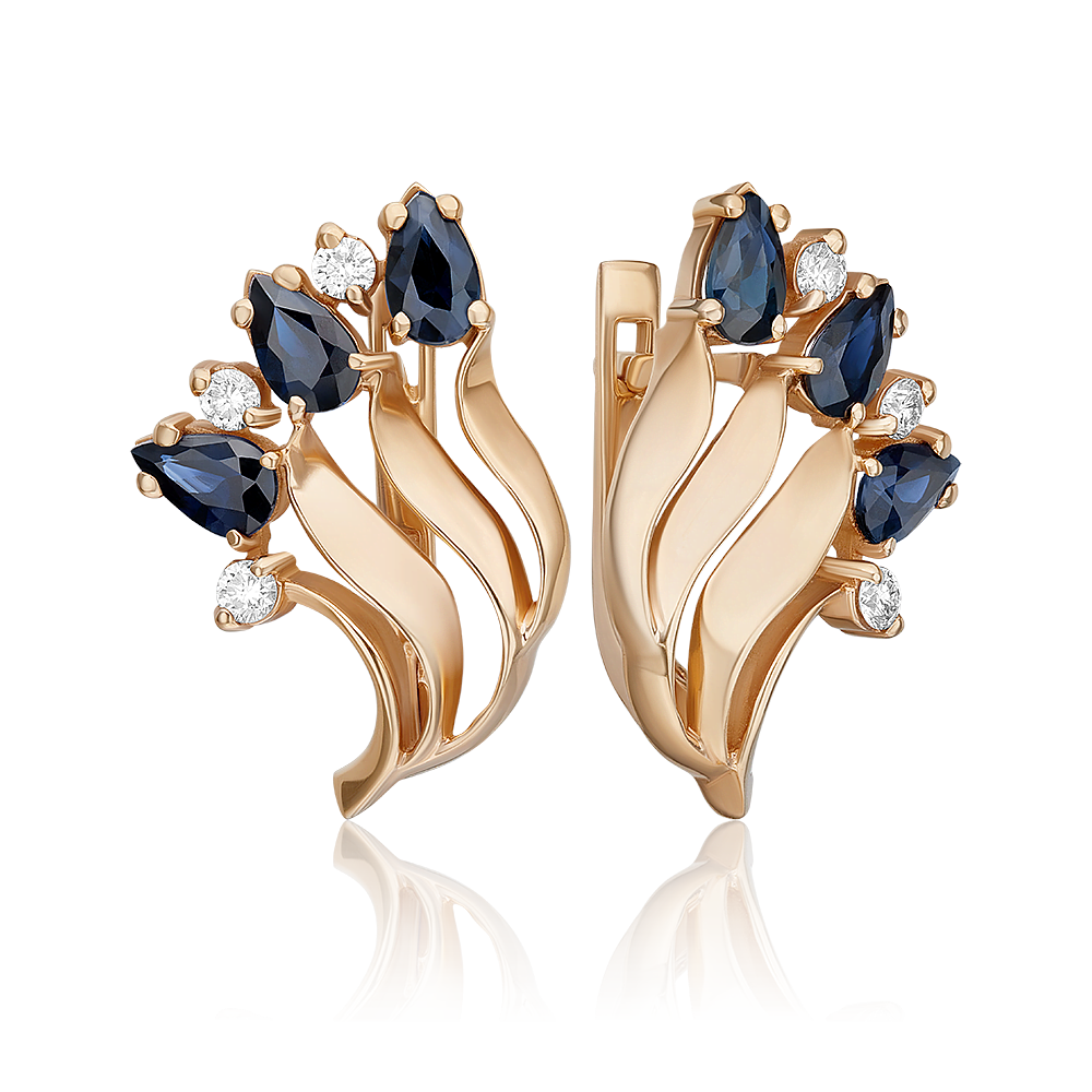 Серьги с английским замком из красного золота с сапфирами и бриллиантами 02-0185-00-105-1110-30