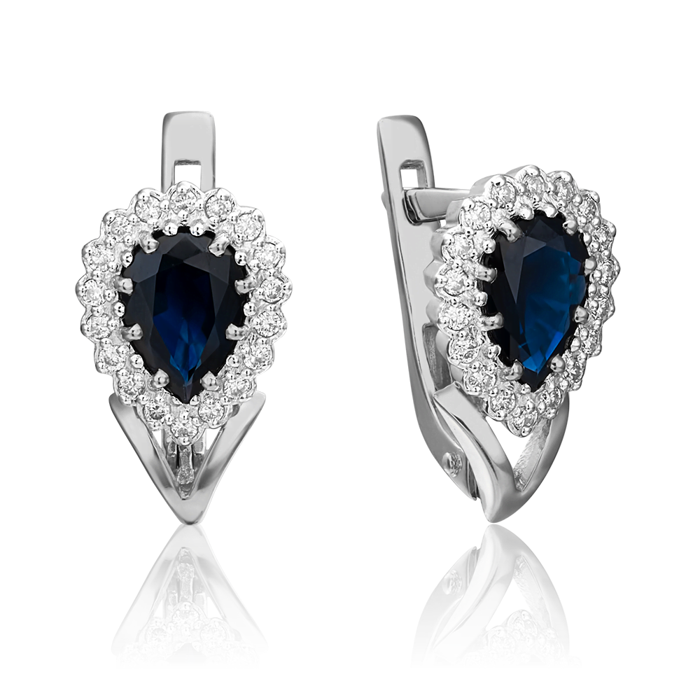 Серьги с английским замком из белого золота с сапфиром и бриллиантами 02-0190-00-105-1120-30