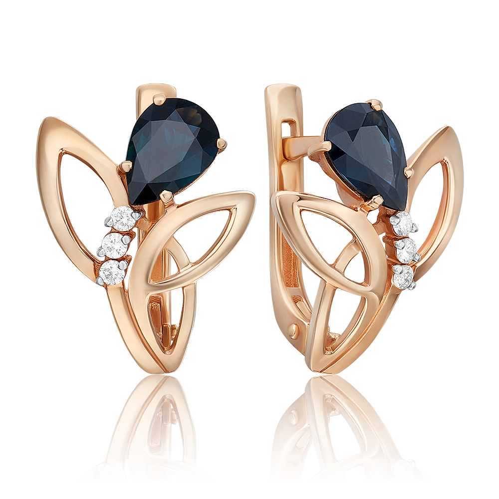 Серьги с английским замком из красного золота с сапфиром и бриллиантами 02-0191-00-105-1110-30