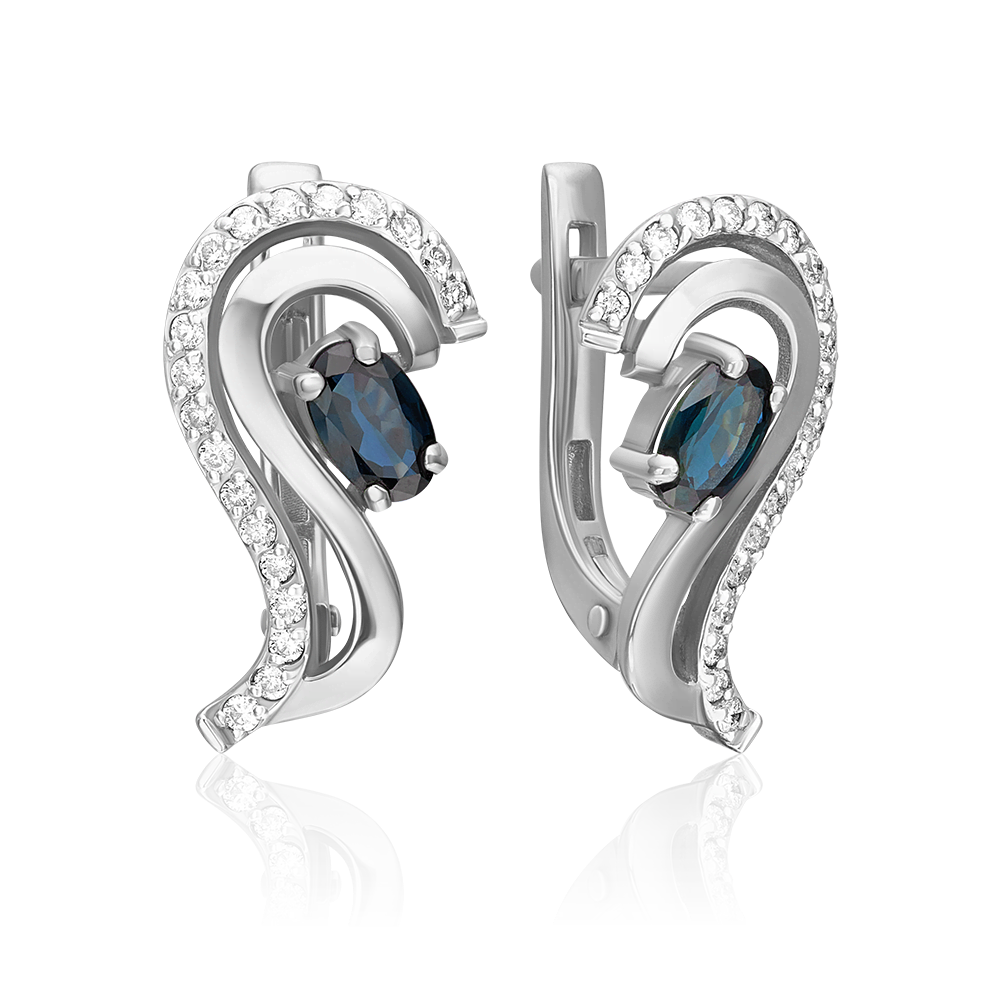 Серьги с английским замком из белого золота с сапфиром и бриллиантами 02-0204-00-105-1120-30