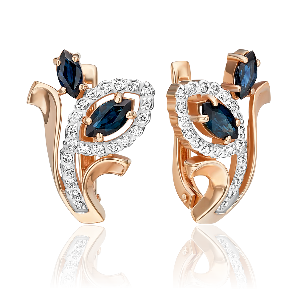 Серьги с английским замком из красного золота с сапфирами и бриллиантами 02-0205-00-105-1110-30