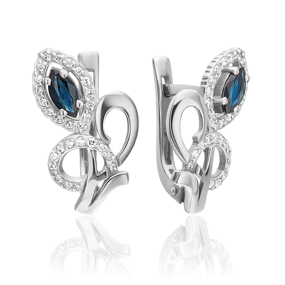 Серьги с английским замком из белого золота с сапфиром и бриллиантами 02-0208-00-105-1120-30