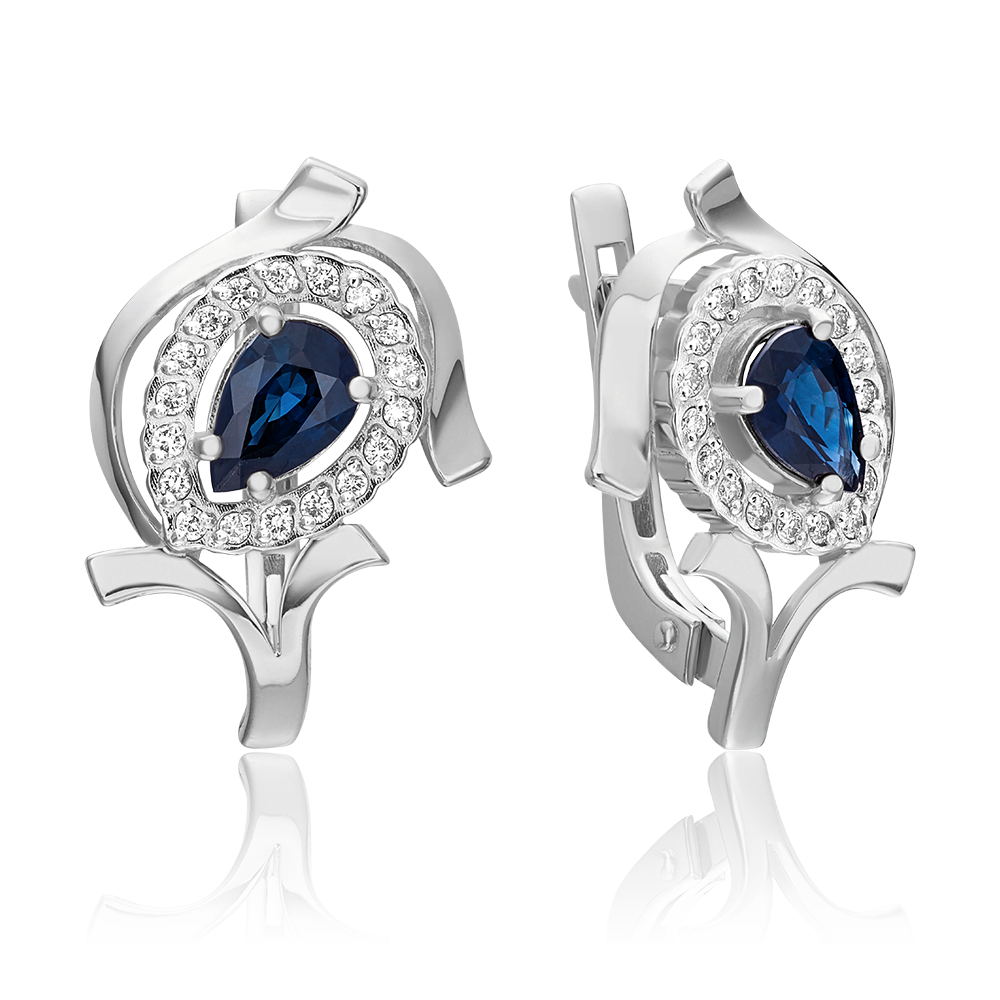 Серьги с английским замком из белого золота с сапфиром и бриллиантами 02-0212-00-105-1120-30
