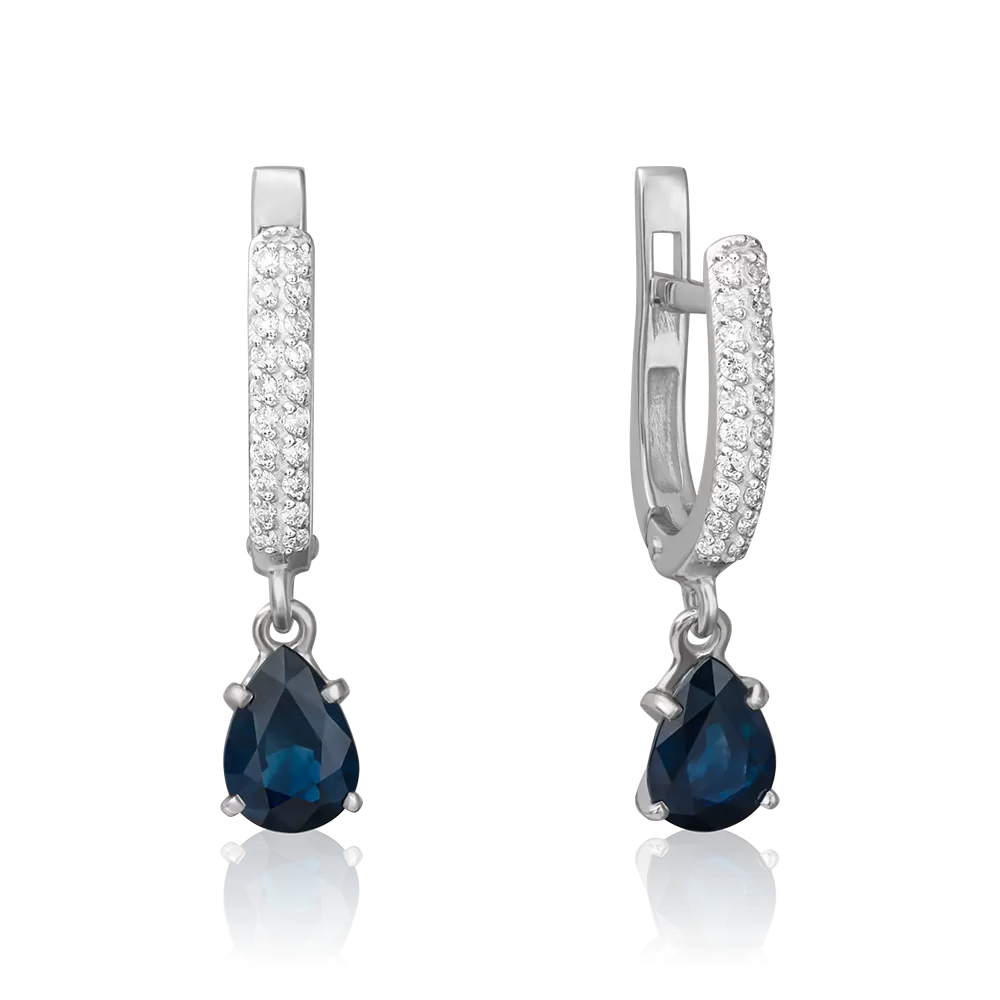 Серьги с английским замком из белого золота с сапфиром и бриллиантами 02-0214-00-105-1120-30