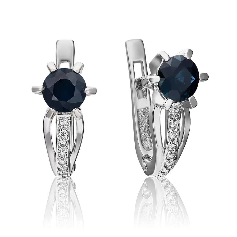 Серьги с английским замком из белого золота с сапфиром и бриллиантами 02-0218-00-105-1120-30