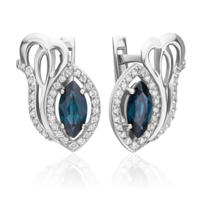 Серьги с английским замком из белого золота с сапфиром и бриллиантами