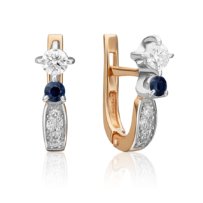 Серьги с английским замком из комбинированного золота с сапфиром и бриллиантами