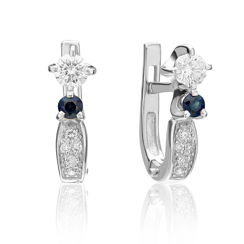 Серьги с английским замком из белого золота с сапфиром и бриллиантами 02-0238-00-105-1120-30