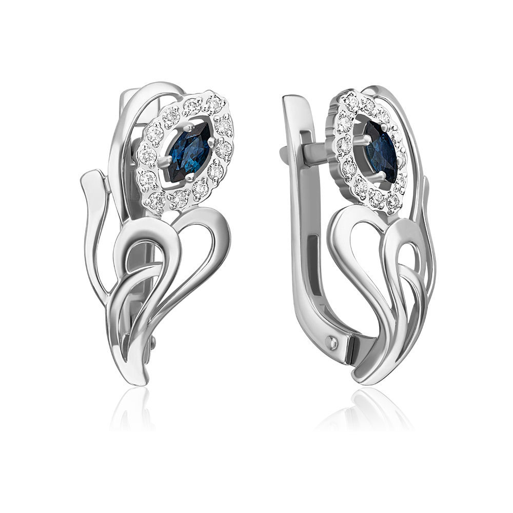 Серьги с английским замком из белого золота с сапфиром и бриллиантами 02-0272-00-105-1120-30
